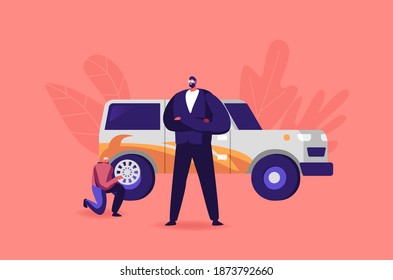 Transport Modernization, Upgrade and Modification Service for Transportation. Garage or Salon Worker Character Make Car Tuning Change Wheels and Painting Auto Body. .Cartoon People Vector Illustration