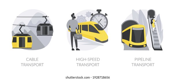 Transport modes abstract concept vector illustration set. Cable transport, high-speed and pipeline transport, trolleybus carrying tourists, ski slopes, railway station platform abstract metaphor.