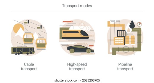 Transport modes abstract concept vector illustration set. Cable transport, high-speed and pipeline transport, trolleybus carrying tourists, ski slopes, railway station platform abstract metaphor.