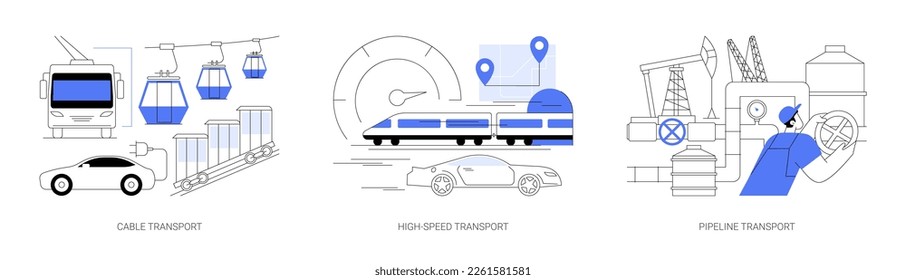 Transport modes abstract concept vector illustration set. Cable transport, high-speed and pipeline transport, trolleybus carrying tourists, ski slopes, railway station platform abstract metaphor.