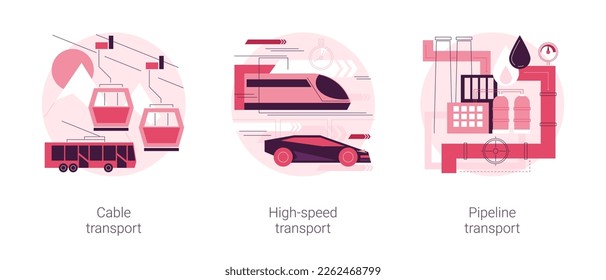 Conjunto de ilustraciones vectoriales de concepto abstracto de modos de transporte. Transporte por cable, transporte de alta velocidad y por oleoducto, transporte de trolebús, pistas de esquí, metáfora abstracta de la plataforma ferroviaria.