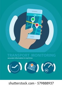 Transport monitoring. Hand holding gadget. Geolocation. Business-illustration.