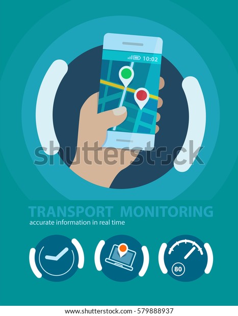 Transport monitoring. Hand holding\
gadget. Geolocation.\
Business-illustration.