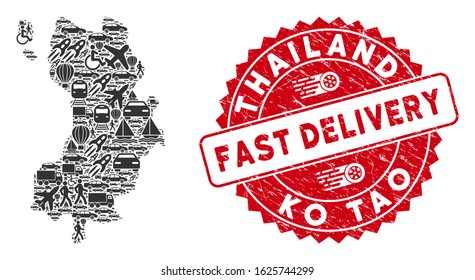 Transport mosaic Ko Tao map and grunge stamp seal with FAST DELIVERY phrase. Ko Tao map collage formed with grey randomized delivery elements. Red round FAST DELIVERY seal stamp with dirty texture.