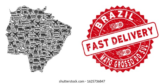 Transport mosaic Mato Grosso do Sul State map and grunge stamp seal with FAST DELIVERY phrase. Mato Grosso do Sul State map collage designed with grey scattered deliver elements.