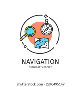 Transporte Navegación de línea delgada Icono de transporte de equipo de inclusión de brújula, mapa y lupa. Ilustración del vector
