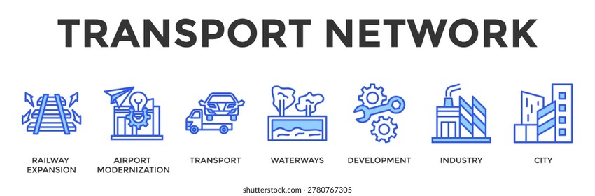 Transport Network Banner Web Icon Set Collection Pack Vector Illustration Concept Containing Railway Expansion, Airport Modernization, Transport, Waterways, Development, Industry, City