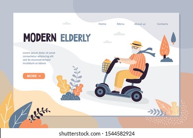 Transport for old people landing page template. Elderly man ride on electric mobility scooter. Grandfather use Electric Wheelchair. Outdoors background. Trendy style vector illustration