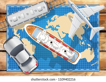 Transport on the map. View from above. Vector illustration.