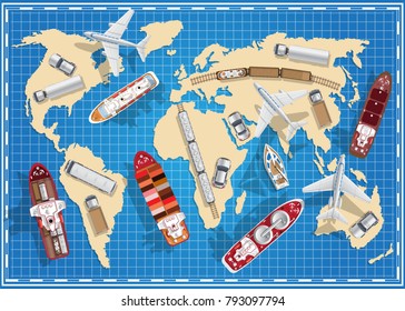 Transport on the map. View from above. Vector illustration