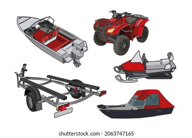 Transport for outdoor activities. Boat, snowmobile, trailer, awning, ATV. Vector set.