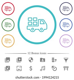Transport outline flat color icons in circle shape outlines. 12 bonus icons included.