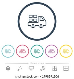 Transport outline flat color icons in round outlines. 6 bonus icons included.