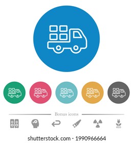 Transport outline flat white icons on round color backgrounds. 6 bonus icons included.