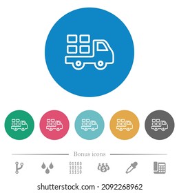 Transport outline flat white icons on round color backgrounds. 6 bonus icons included.