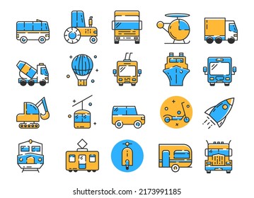 Transport outline icon in flat color style. Bus, truck, tractor, helicopter, rocket and auto icon set. Set Vector Flat Line Icons Transport