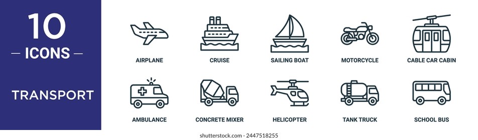 transport outline icon set includes thin line airplane, cruise, sailing boat, motorcycle, cable car cabin, ambulance, concrete mixer icons for report, presentation, diagram, web design