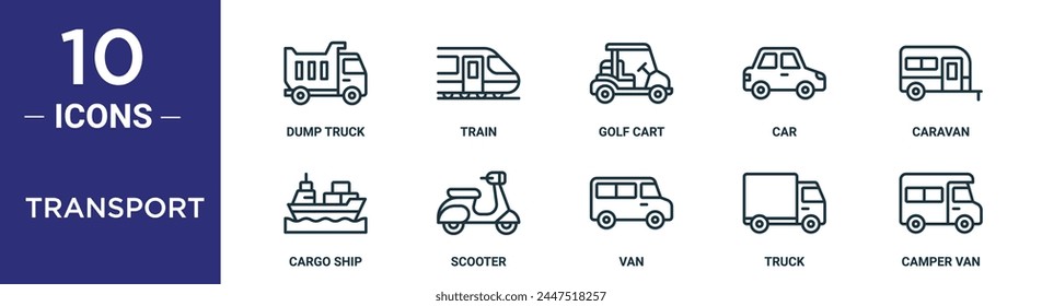 transport outline icon set includes thin line dump truck, train, golf cart, car, caravan, cargo ship, scooter icons for report, presentation, diagram, web design