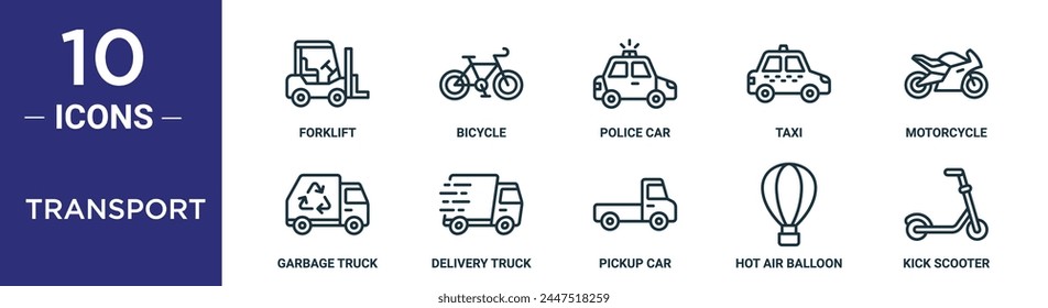 El conjunto de iconos de contorno de transporte incluye carretilla elevadora de línea delgada, bicicleta, coche de policía, taxi, motocicleta, camión de basura, iconos de camión de entrega para informe, presentación, diagrama, Diseño web