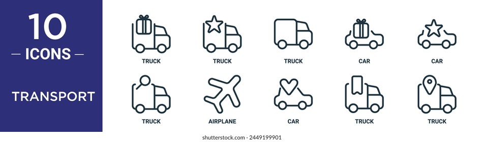 transport outline icon set includes thin line truck, truck, truck, car, car, airplane icons for report, presentation, diagram, web design