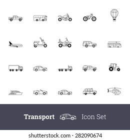 Transport outline icon set. Personal transport, air transport, water carriage, public transport.