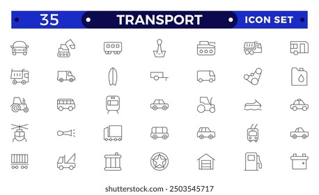 Transport outline icon set. Shipping And Courier icon. Containing order tracking, delivery home, warehouse, truck, scooter, courier Sea Air, Date, Return Search Parcel and cargo icons.

