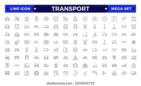 Transport outline icon set. Shipping And Courier icon. Containing order tracking, delivery home, warehouse, truck, scooter, courier Sea Air, Date, Return Search Parcel and cargo icons.
