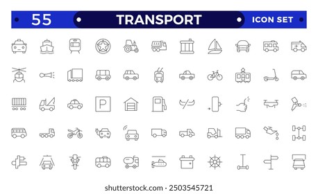Transport outline icon set. Shipping And Courier icon. Containing order tracking, delivery home, warehouse, truck, scooter, courier Sea Air, Date, Return Search Parcel and cargo icons.

