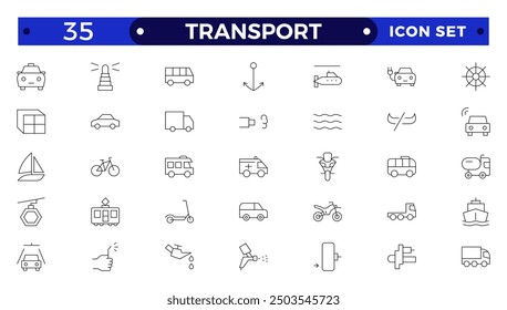 Symbolsatz für Transportgliederung. Versand- und Kuriersymbol. Mit Orderverfolgung, Lieferung nach Hause, Lager, LKW, Roller, Kurier Sea Air, Datum, Rückflug Suche Paket und Fracht Symbole.
