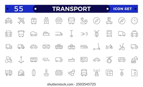 Transport outline icon set. Shipping And Courier icon. Containing order tracking, delivery home, warehouse, truck, scooter, courier Sea Air, Date, Return Search Parcel and cargo icons.
