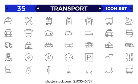 Symbolsatz für Transportgliederung. Versand- und Kuriersymbol. Mit Orderverfolgung, Lieferung nach Hause, Lager, LKW, Roller, Kurier Sea Air, Datum, Rückflug Suche Paket und Fracht Symbole.
