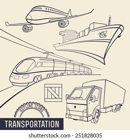 Transport outline icons set. Air, sea, rail and ground transportation