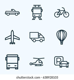 Transport Outline Icons Set. Collection Of Pickup, Helicopter, Camion And Other Elements. Also Includes Symbols Such As Chopper, Bus, Monorail.