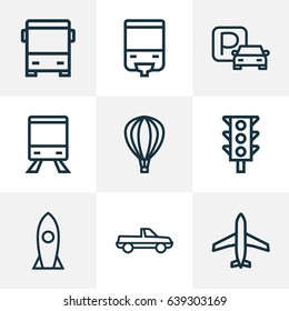 Transport Outline Icons Set. Collection Of Pickup, Traffic Light, Balloon And Other Elements. Also Includes Symbols Such As Omnibus, Bus, Auto.