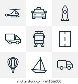 Transport Outline Icons Set. Collection Of Camion, Bogie, Helicopter And Other Elements. Also Includes Symbols Such As Lorry, Driveway, Chopper.