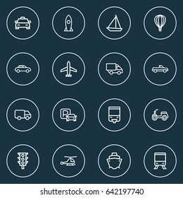 Transport Outline Icons Set. Collection Of Sailing Ship, Aircraft, Pickup And Other Elements. Also Includes Symbols Such As Car, Carrier, Helicopter.