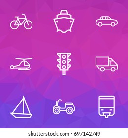 Transport Outline Icons Set. Collection Of Camion, Tram, Sailing Ship And Other Elements. Also Includes Symbols Such As Scooter, Copter, Traffic.