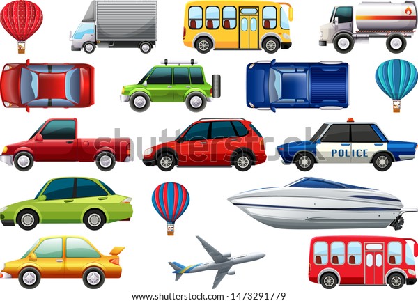 Transport pack with cars, trucks, planes,\
boats, bus, balloon\
illustration