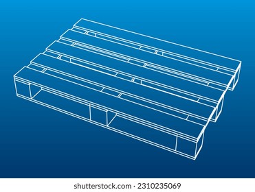 Transport pallet on a blue background. Object made with strokes. White outlines element. Vector design 