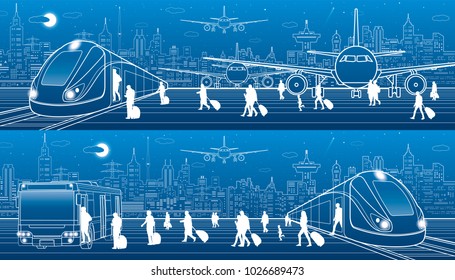 Transport panorama set. People get on  train leaving airplane. Passengers go at bus exit train. Travel transportation infrastructure. Plane is runway. Night city on background. Vector design art