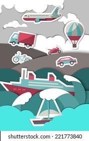 Transport paper background with airplane truck hot air balloon vector illustration