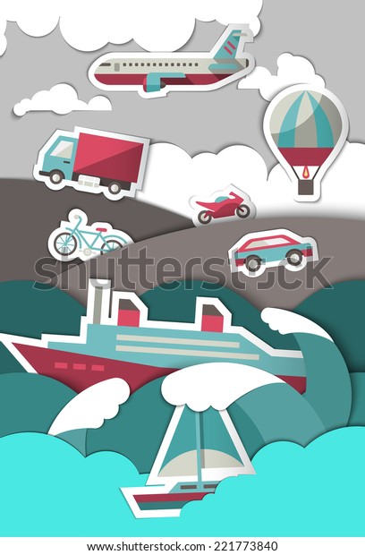 Transport paper background with airplane\
truck hot air balloon vector\
illustration