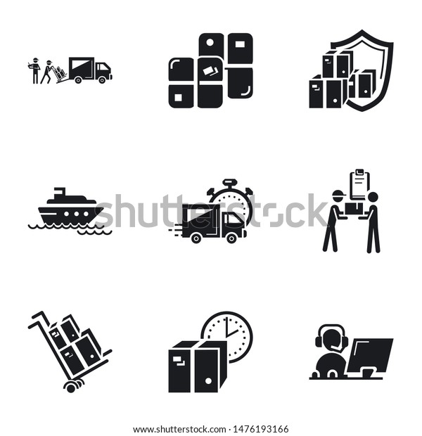 Transport parcel delivery icon set. Simple set\
of 9 transport parcel delivery vector icons for web design isolated\
on white background