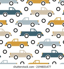Transportmuster für Stoffkinder drucken. Auto nahtlos Muster im skandinavischen Stil. Weißer Hintergrund für Tapeten in der Kinderarbeit. Pickup-LKW für Baby Textil Wiederholung Textur, Jungen tragen. Fahrzeug für Säuglinge.