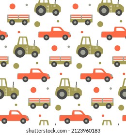 Transport pattern for kids. Tractor, car, trailer. Cute seamless wallpaper with orange, green farm vehicle, circle on white background for nursery fabric design. Cartoon farm machine  for infant boys.