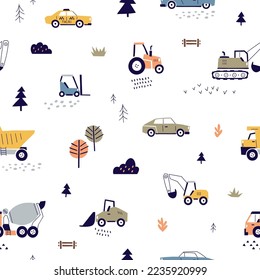 Transport pattern, repeating print in Scandinavian style. Seamless Nordic childish background design with toy cars, taxis, industrial and construction autos, trucks. Colored flat vector illustration