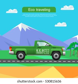 Transport. Picture of isolated green classical pickup near mountains. Ecologically clean car driving down road. Cheap mean of transportation. Four-wheeled automobile in cartoon style. Vector