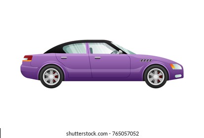 Transport. Picture of isolated violet automobile. Classical mean of transportation with shifted black roof. Contemporary four-wheeled automobile in cartoon style. Four doors. Flat design. Vector