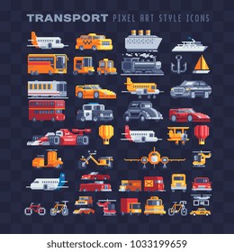 Transport pixel art icons set airplane truck taxi sports car motorcycle truck ship isolated vector illustration. Logo transport company. 8-bit. Game assets. Design for stickers embroidery mobile app.