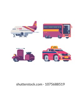 Transport pixel art icons set airplane bus motorcycle and taxi car isolated vector illustration. Game assets 8-bit sprite. Design for stickers, logo and mobile app.